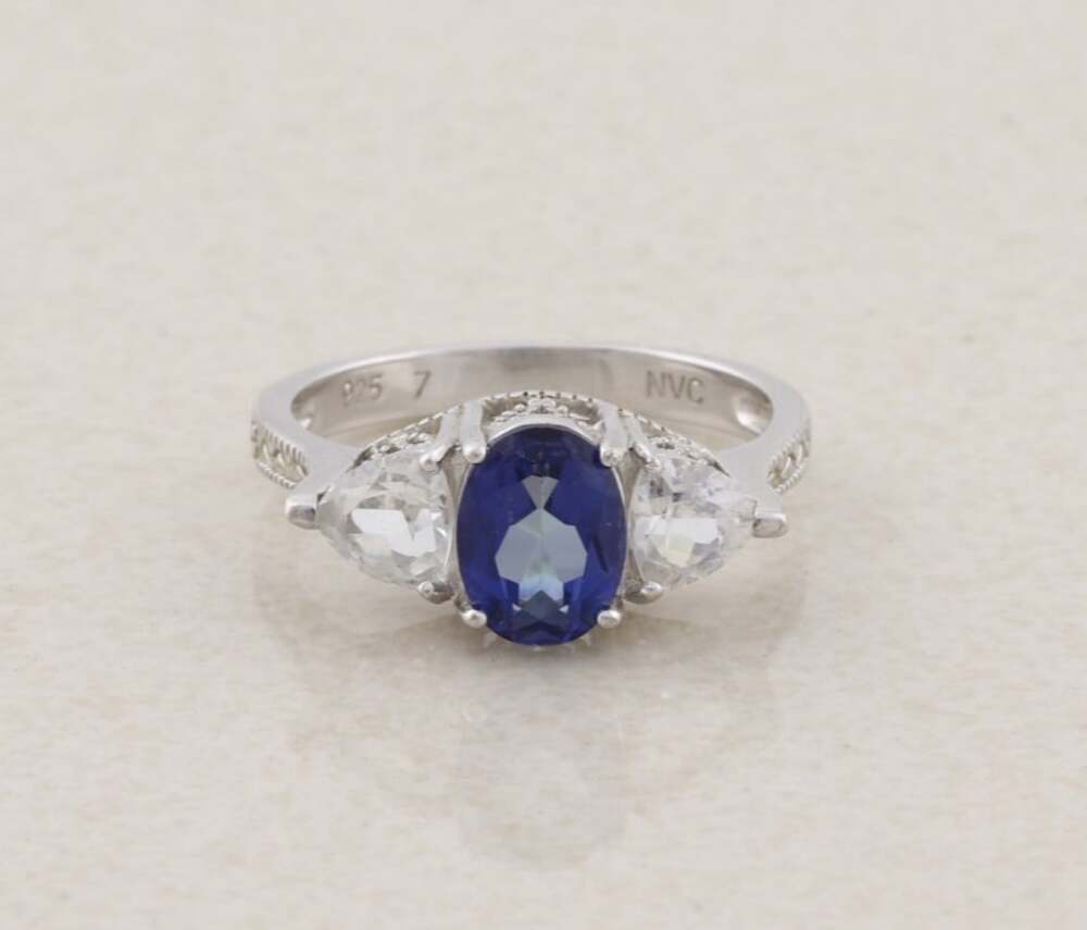Sterling Silver Lab Created Blue Sapphire & White Topaz Ring Size 7 1/4 Vintage